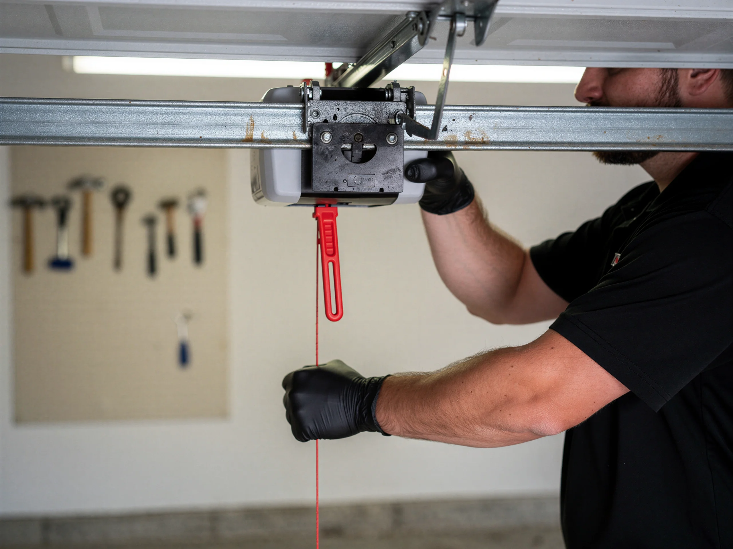 A technician in black gloves pulls the red emergency release cord on a garage door opener.